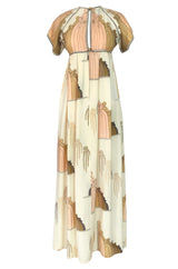 1960s Jean Varon Slit Front Empire Waist Art Deco Print Dress