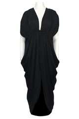 c1976 Halston Black Draped Plunge Front Caped Back Jersey Dress