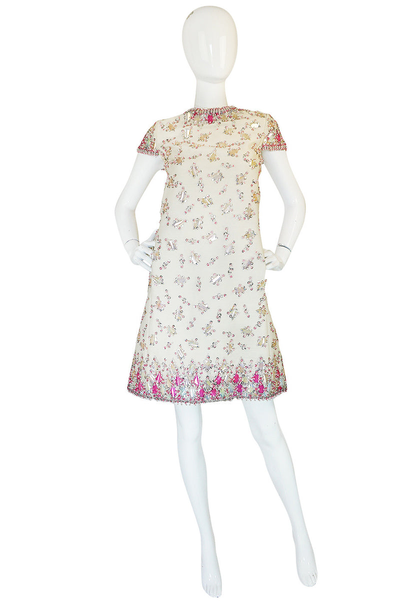 1960s Cream with Pink Beaded Sequin Malcolm Starr Dress