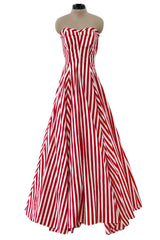 Spectacular 1930s Unlabeled Red & White Striped Cotton Strapless Sweetheart Dress