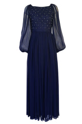 1970s Roberto Capucci Deep Blue Chiffon Dress w Beaded & Pintuck Bodice
