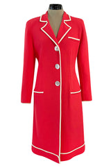 1980s Valentino Textured Wool Long Cut Jacket & Skirt Set in a Vivid Coral w Cream Trim