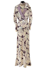 Rare Dated 1934 Bias Cut Soft Purple and Ivory Floral Print Silk Dress & Jacket w MOP Belt