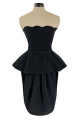 1980s Lanvin by Jules-Francois Crahay Strapless Black Dress w Hip Peplum