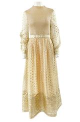 1960s Mannequin Pale Gold Metallic Lame & Organza Maxi Dress