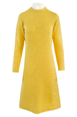1960s Pierre Cardin Yellow Knit Mod Dress w Raised Circular Ribbed Pattern