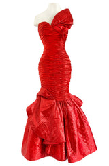 Dramatic 1987 Loris Azzaro Brilliant Red Strapless 'Flame' Dress w Flaring Skirts & Shoulder