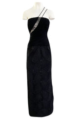 1970s James Galanos Couture Textured Puff Silk One Shoulder Dress w Transparent Lace Inset