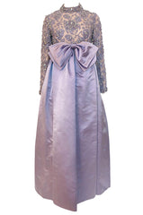 1960s George Halley Couture Lavender Silk Satin Dress w Heavily Detailed Crystal & Rhinestone Bodice