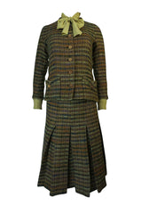 Museum Held Fall 1977 Chanel True Haute Couture Three Piece Green Boucle Skirt Suit