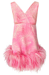 1960s Jerry Silverman Pink Print Mini Dress w Pink Feather Hem Detailing