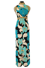 Gorgeous 1960s Unlabeled Tropical Blues Floral Print Jumpsuit w Gold Coin & Cord Detailing
