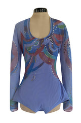 1970s Giorgio Sant Angelo Hand Painted Stretch Blue Net Bodysuit w Gold & Silver Accents