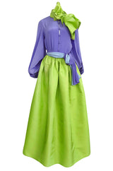 Spring 1978 Bill Blass Crisp Bright Green Silk Taffeta Skirt & Purple Silk Top Dress Set