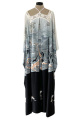 Spectacular 1970s Jean Varon Crane Print Jersey Caftan Dress w Hand Crocheted Collar