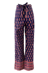 Fantastic 1970s Bill Blass Wrap & Tie Indian Cotton Pants w Red & Gold Print