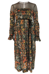 1960s Mignon Densely Embroidered on Brown Silk Chiffon Dress