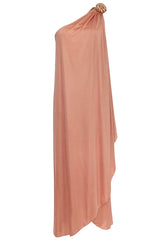 1981 Bill Tice Nude Peach Colour One Shoulder Dress w Gold Detailing