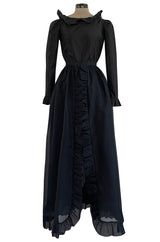 1972 Bill Blass Black Silk Taffeta Dress w Attached Silk Organza Skirt & Open Ruffled Back