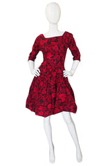 1960s Red Roses Pouf Skirt Cocktail Dress