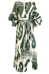 2018 Zazi Handmade Vintage Green & Ivory Cotton Ikat Caftan Dress