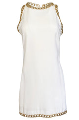 Early 1980s Paco Rabanne White Dress w Gold Metal Loop Detailing