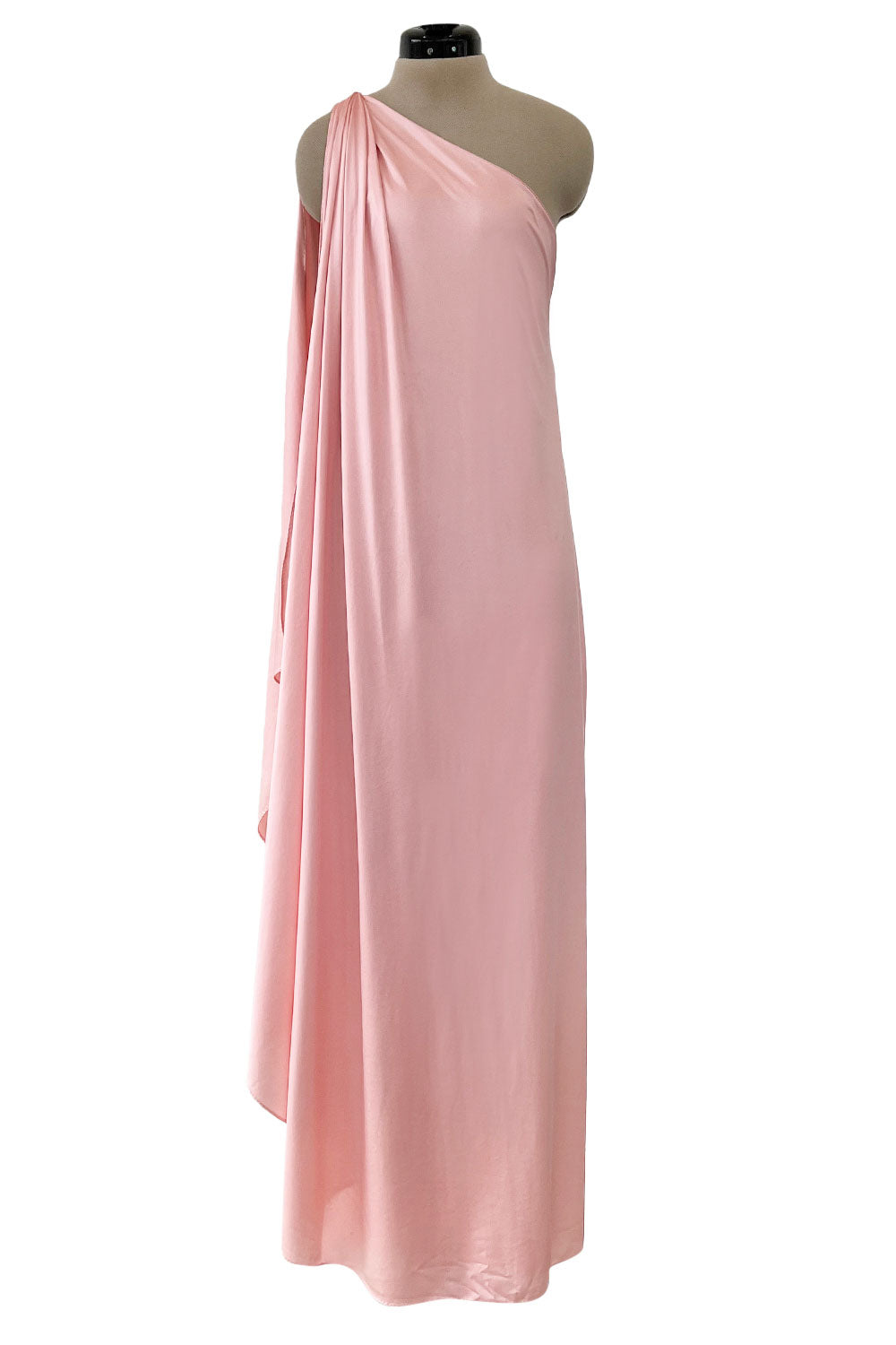 c.1978 Halston One Shoulder Draped Pink Nylon Jersey Full Length Maxi Dress