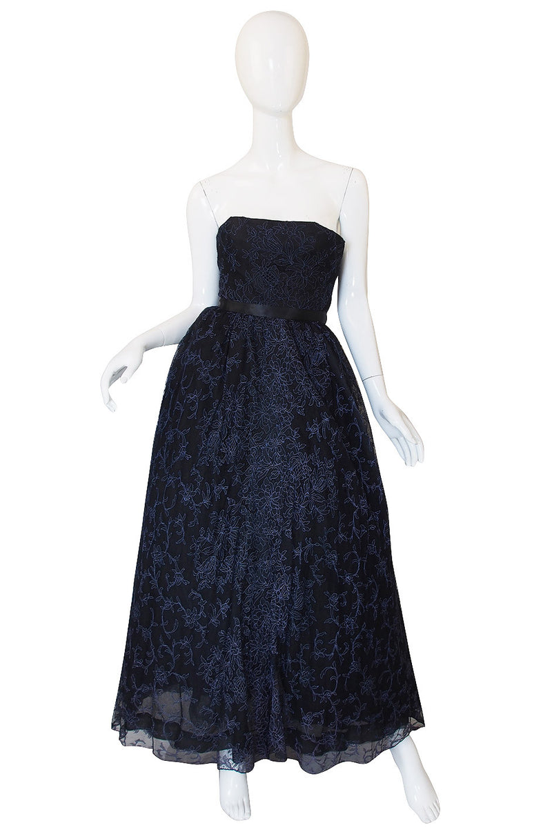 1950s Embroidered Net Creeds Strapless Gown