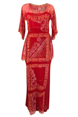 Fall 1979 Zandra Rhodes Book Piece 'Chinese Squares' Printed Red Silk Chiffon Dress
