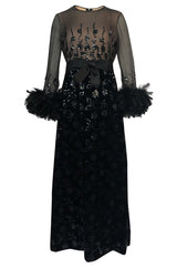 Documented Fall 1970 Oscar de la Renta Ostrich Feather & Sequin Silk Dress