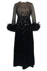 Documented Fall 1970 Oscar de la Renta Ostrich Feather & Sequin Silk Dress