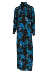 1970s James Galanos Backless Blue Floral Print Ruffled Silk Dress