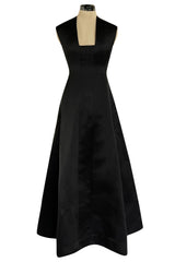 Minimalist 1960s Pauline Trigere Black Silk Satin Dress w Squared Off Neckline