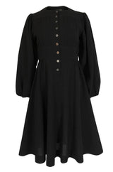 1972 Jean Muir Pin Tuck Detailed Huge Sleeve Black Crepe Dress