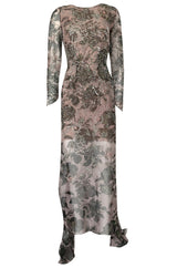 1980s Oscar de la Renta Sequin Detailed Trained Floral Silk Chiffon Dress