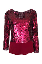 1980s Bill Blass Couture Red Sequin & Bead Deep Low V Back Top