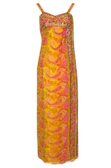 1960s Unlabeled Pink & Gold Sequin Detail Sari Inspired Silk Print Dress