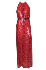 Documented 1974 Bill Blass Red Sequin Snakeskin Print Halter Dress