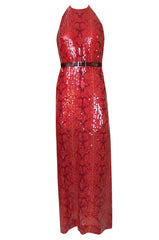 Documented 1974 Bill Blass Red Sequin Snakeskin Print Halter Dress