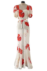Incredible Numbered 1930s Huge Coral Flower Print Bias Cut Silk Chiffon Ivory Dress