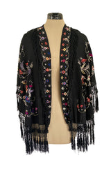 Antique 1920s Embroidered Silk Fringe Curved Cape or Shawl w Tassel Detailing