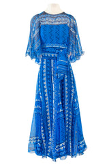 1980s Zandra Rhodes Hand Painted Silver on Blue Silk Caftan Dress w Wrap Belt & Matching Scarf