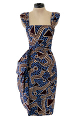 Resort 1983 Yves Saint Laurent Blue Printed Cotton Hip Swag Sarong Dress