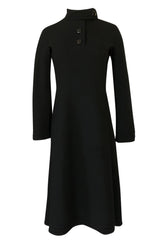 1960s Pierre Cardin Chic Sculpted Black Wool Button Detail Dress