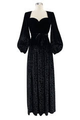 Fall 1986 Yves Saint Laurent Runway Black Patterned Velvet Dress w Sweetheart Neckline