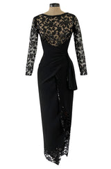 1980s Loris Azzaro Couture Black Silk & Net Sequin Floral Bodice Dress w Swag Hip Detail