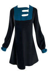 c.1967 Pierre Cardin ‘Cosmocorps’ Collection Cut Out Blue Neckline on Black Wool Dress
