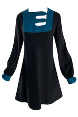 c.1967 Pierre Cardin ‘Cosmocorps’ Collection Cut Out Blue Neckline on Black Wool Dress