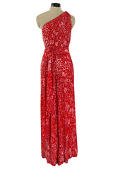 Spectacular 1980s Salvatore Ferragamo Red Glass Beaded One Shoulder Dress