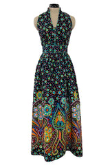 Prettiest Early 1970s Oscar de la Renta Floral Printed Halter Dress w Crossed Strap Open Back